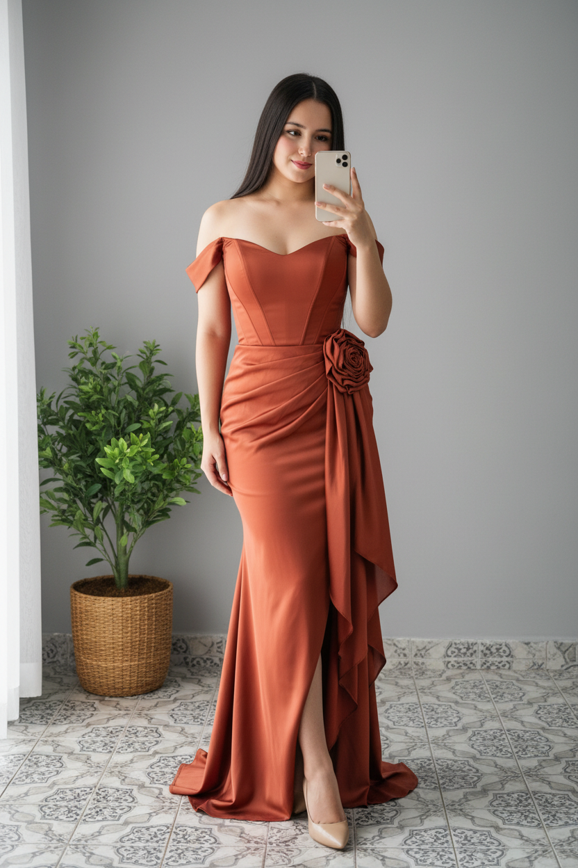Vestido Sirena Terracota Satinado Rosa D cod.628