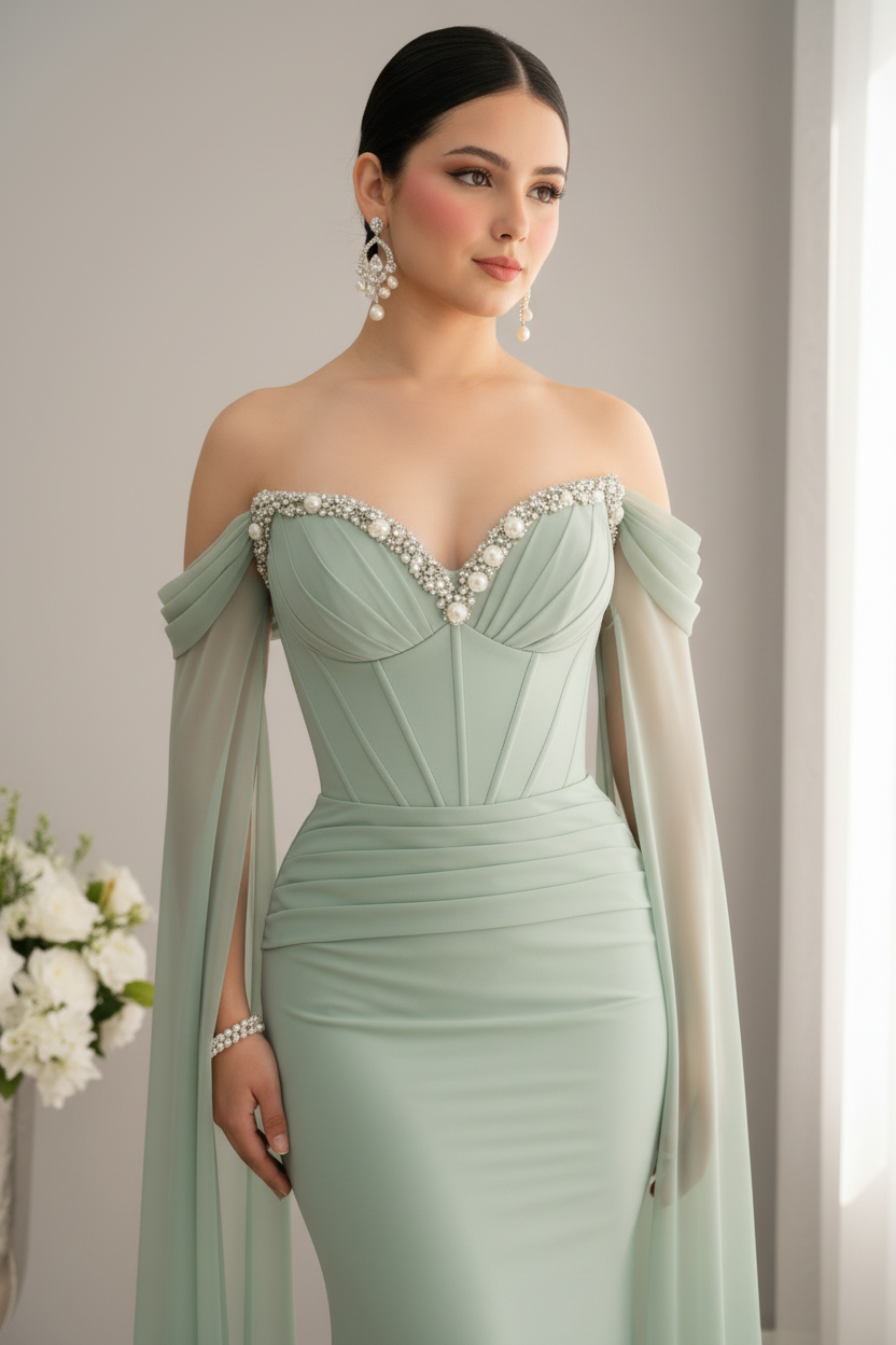Vestido Largo Verde Agua Off-Shoulder con Capa de Chifón y Cristales cod.V955