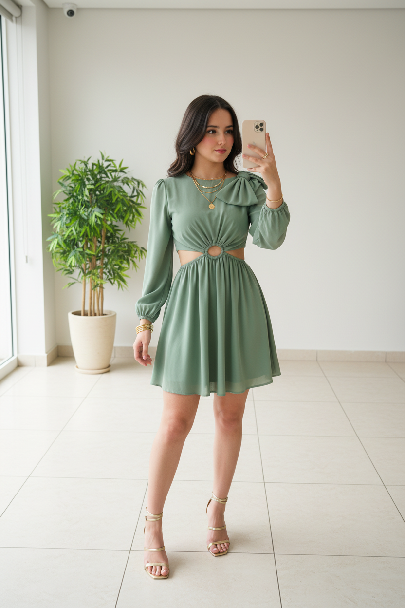 Vestido Verde Salvia Manga Larga , Cut-Out cod.460