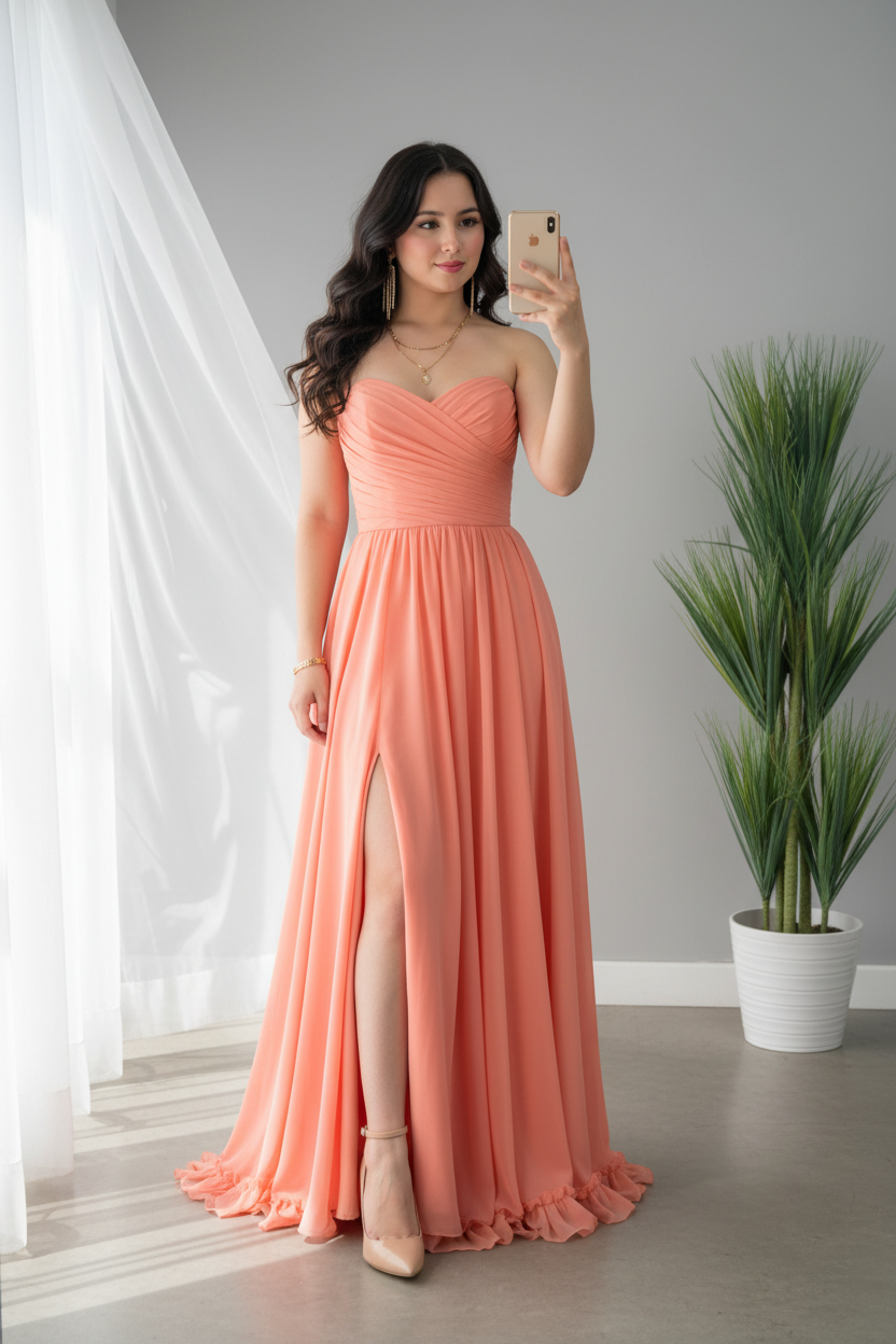 Vestido Coral Salmón Strapless con Abertura y Tiras de Ajuste cod.V645