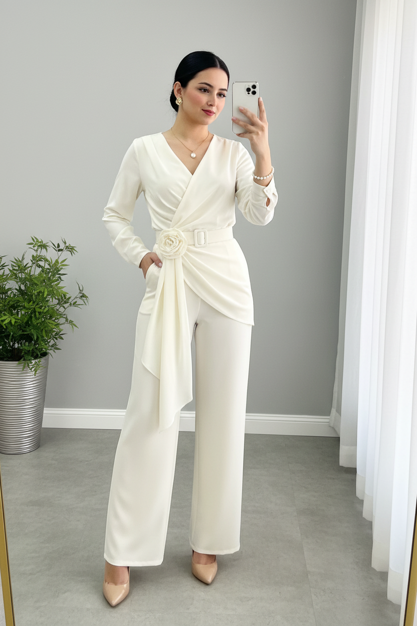Jumpsuit Blanco Marfil — Escote V, Rosa 3D, Cierre Invisible & Caída Asimétrica cod.876