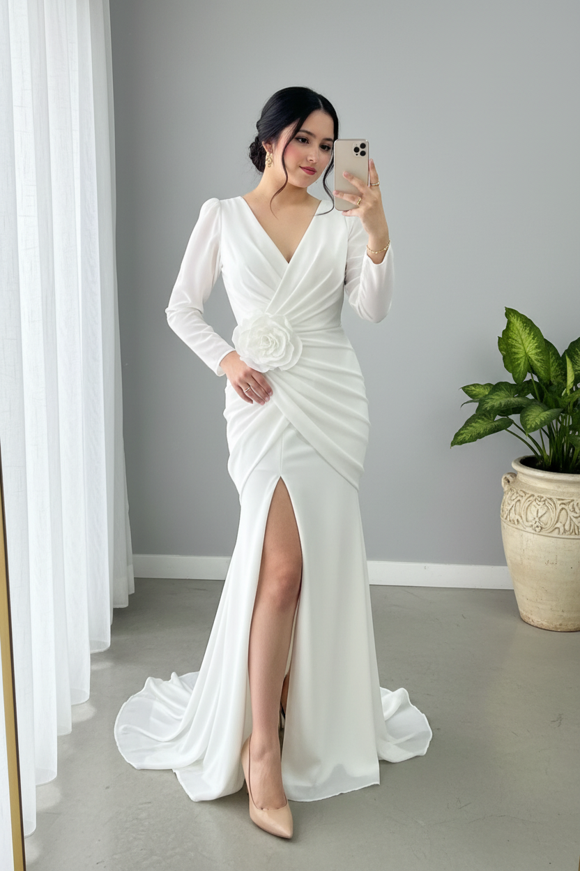Vestido Blanco Nupcial Manga Larga Sirena con Rosa D cod.970