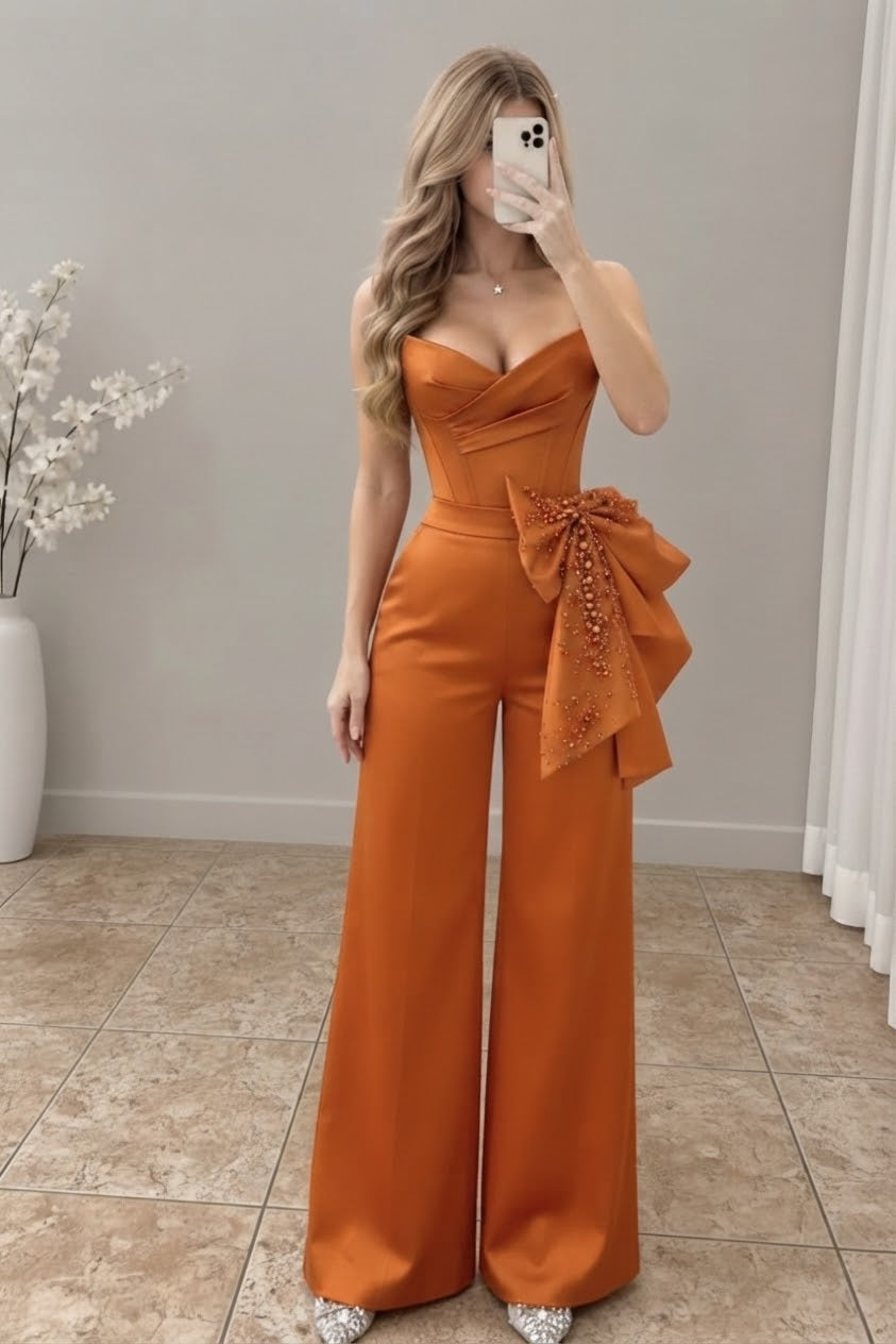 Enterizo terracota bustier con lazo bordado y pantalón palazzo cod. E0010