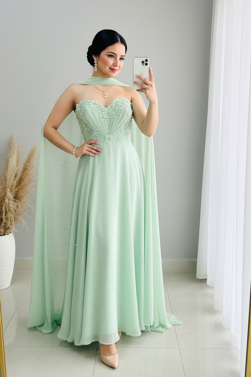 Vestido Verde Menta — Escote Corazón & Capa cod.849