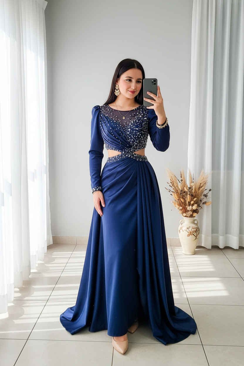 Vestido Navy Manga Larga Escote Ilusión con Cristales y Abertura cod.V284