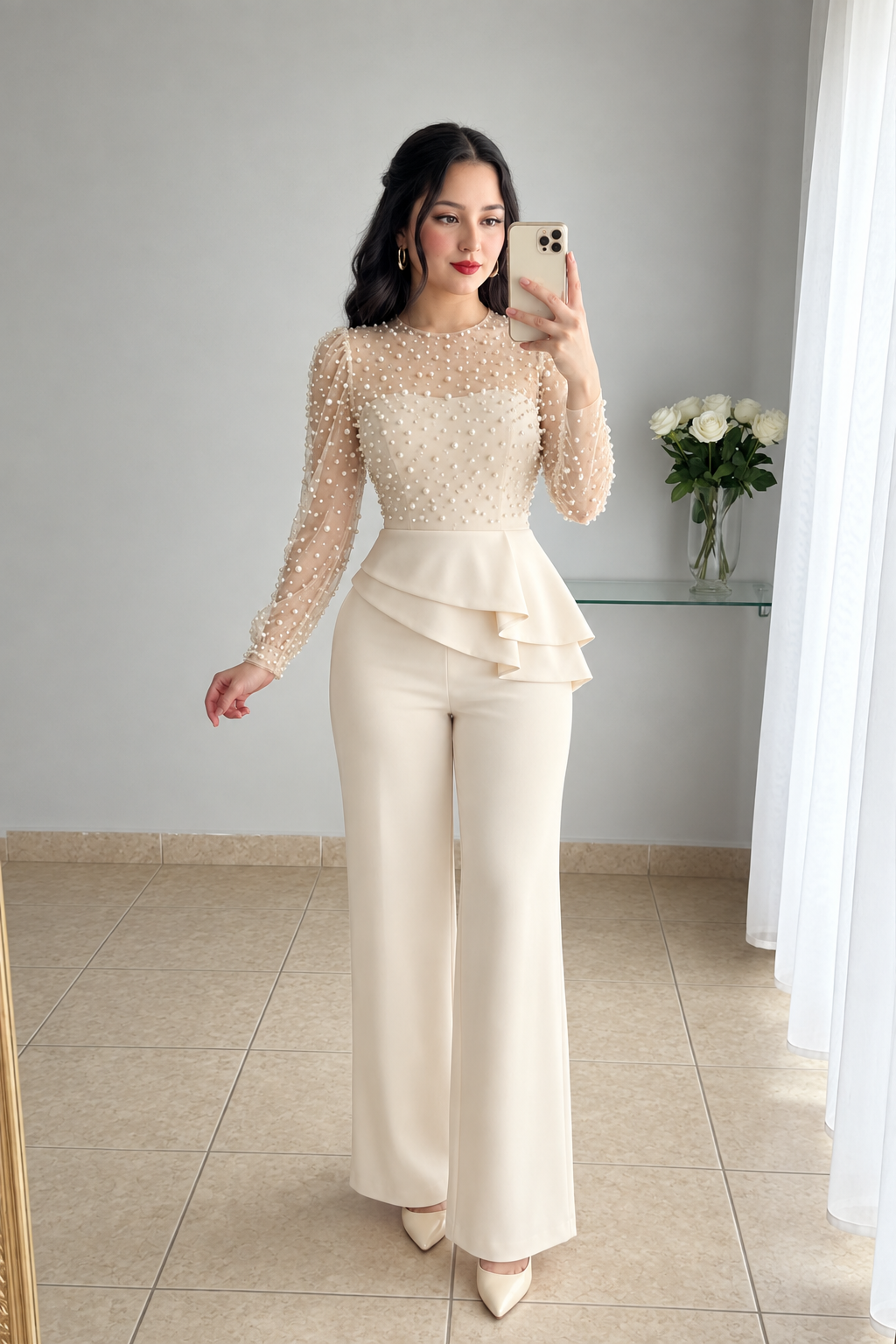 Conjunto Cream Top Tul Perlas Manga Larga Peplum + Pantalón Recto cod.CJ001