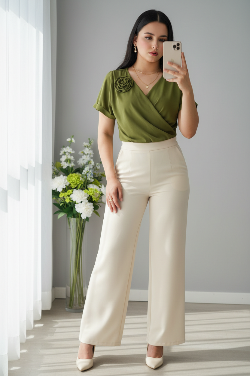 Blusa Verde Oliva | Wrap V-Neck Manga Corta con Rosa D cod.B503