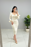 Vestido Elegante Blanco Marfil con Perlas y Lazos - Mangas Largas Midi cod.353