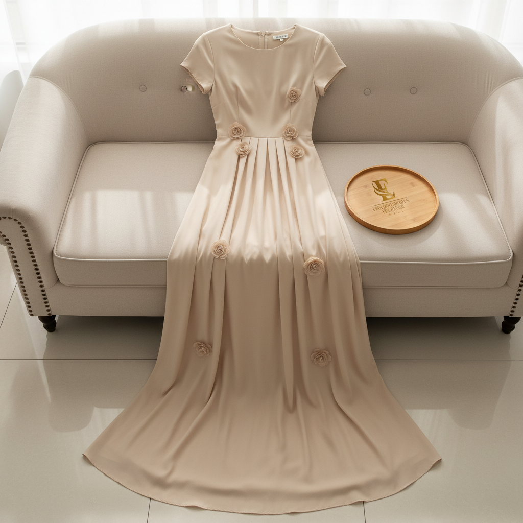 Vestido Largo Beige con Rosas 3D Dispersas cod.410