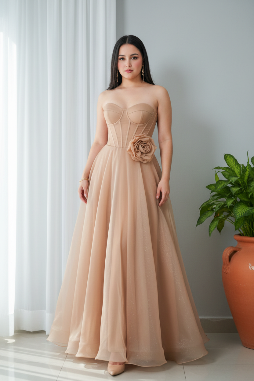 Vestido Champagne Strapless Corsé con Rosa 3D y Falda Organza Maxi cod.979