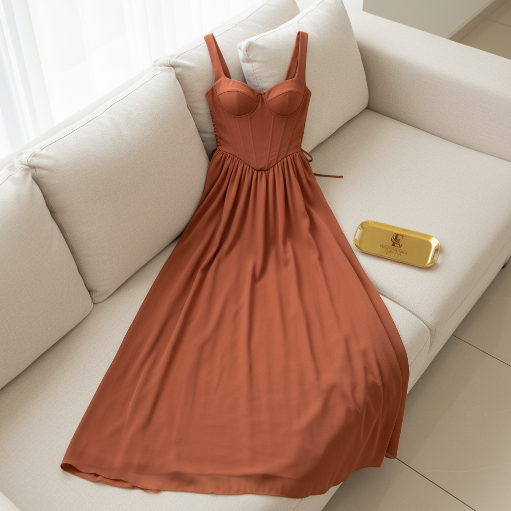Vestido Terracota con Corsé Estructurado, Tirantes Anchos y Falda en Chifón cod.376