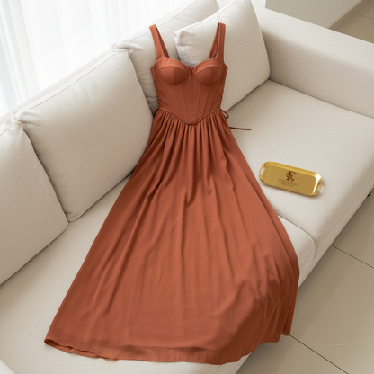 Vestido Terracota con Corsé Estructurado, Tirantes Anchos y Falda en Chifón cod.376