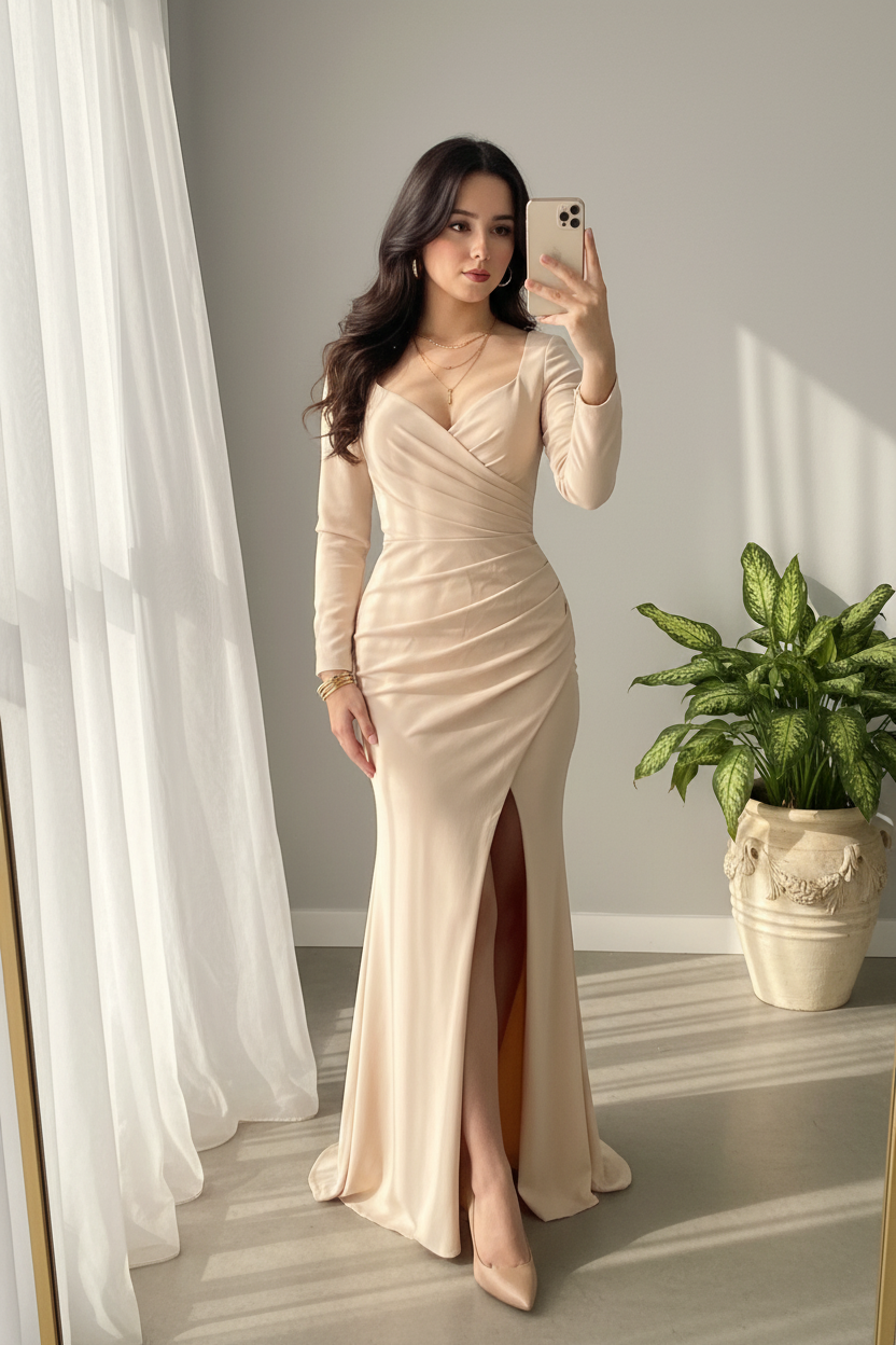 Vestido Sirena Champagne Manga Larga cod.0058