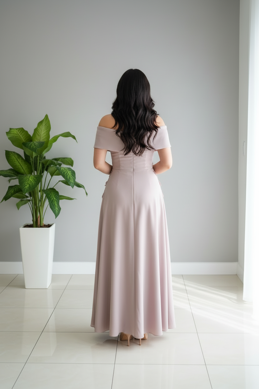 Vestido Rosa Palo Off-Shoulder con Apliques Florales cod.437