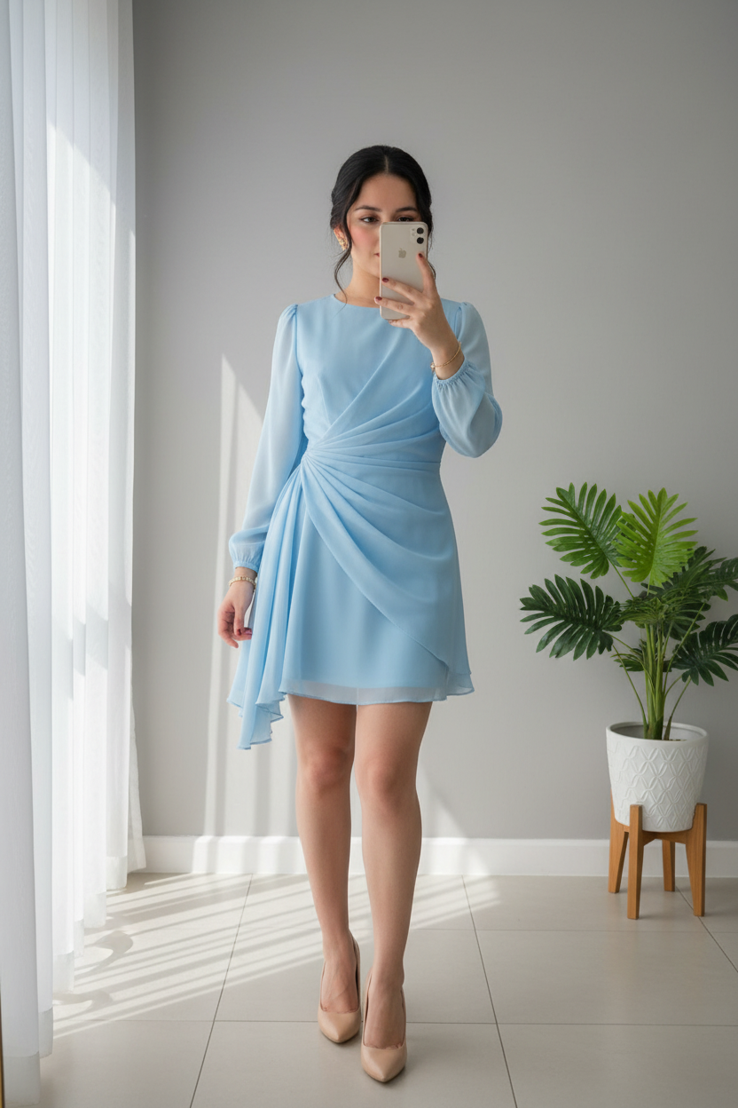 Vestido Azul Cielo Manga Larga Chifón Drapeado Asimétrico cod.934