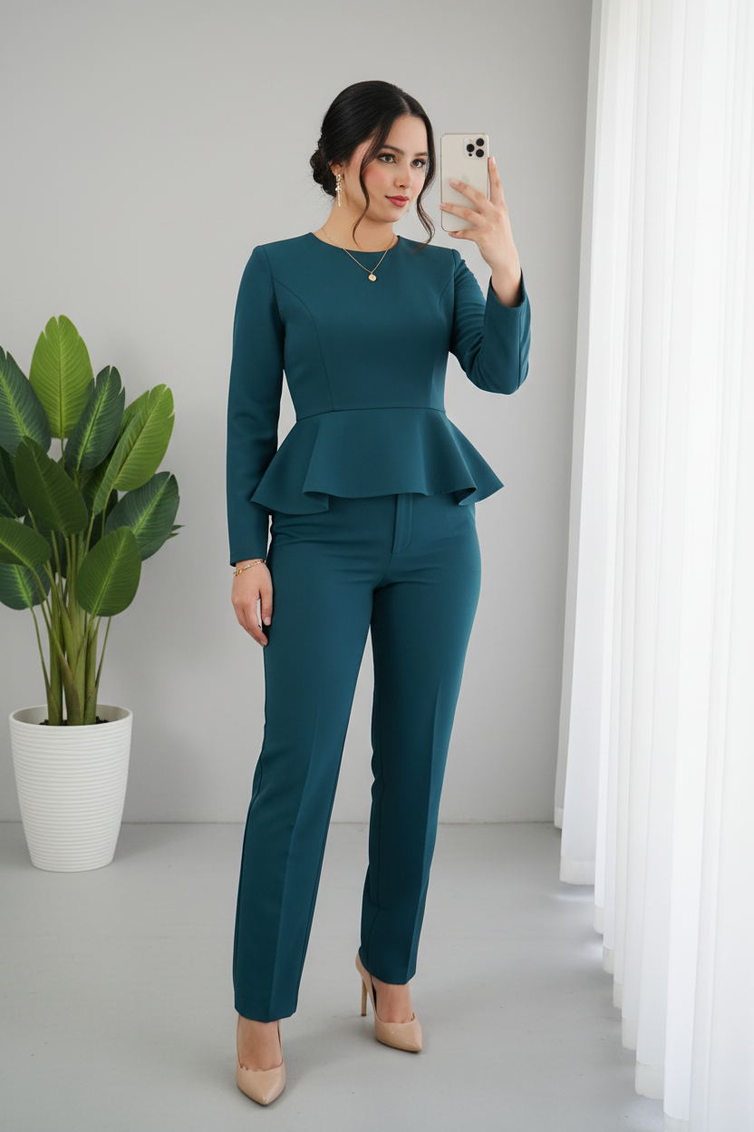 Set Teal Blus Peplum con Pantalón Recto Exclusivo cod.803