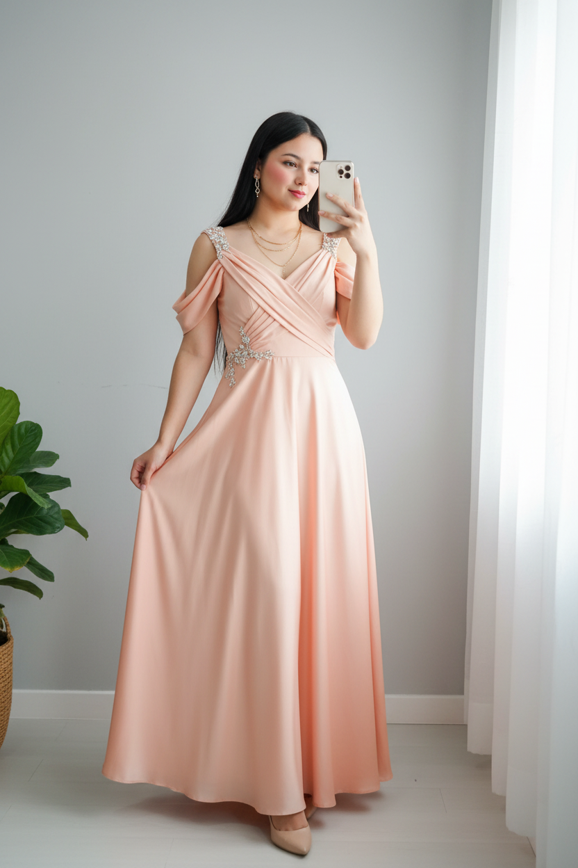 Vestido Peach Cold Shoulder   con Bordado de Cristales cod.702