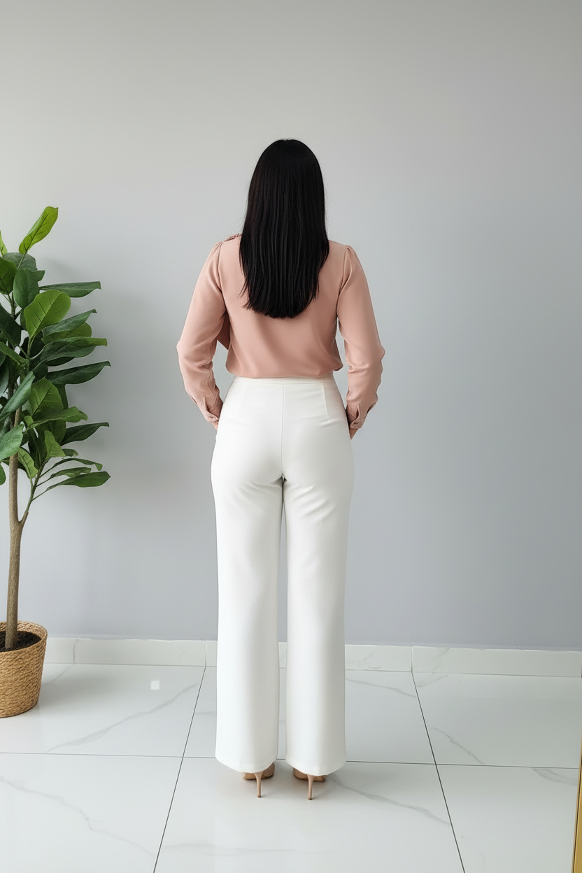 Pantalón Blanco Bootcut de Tiro Alto con Bolsillos Laterales cod.388