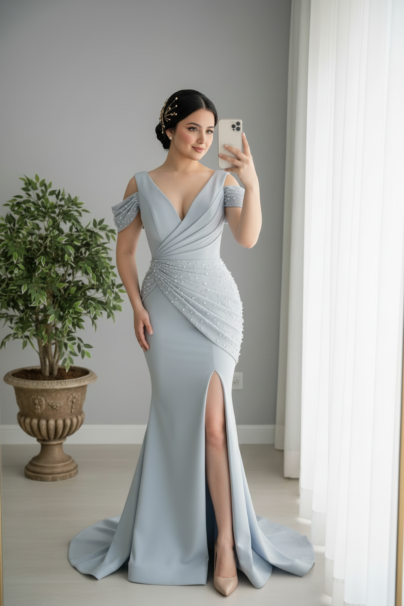 Vestido Azul Polvos Cold-Shoulder Perlas Abertura cod.0019