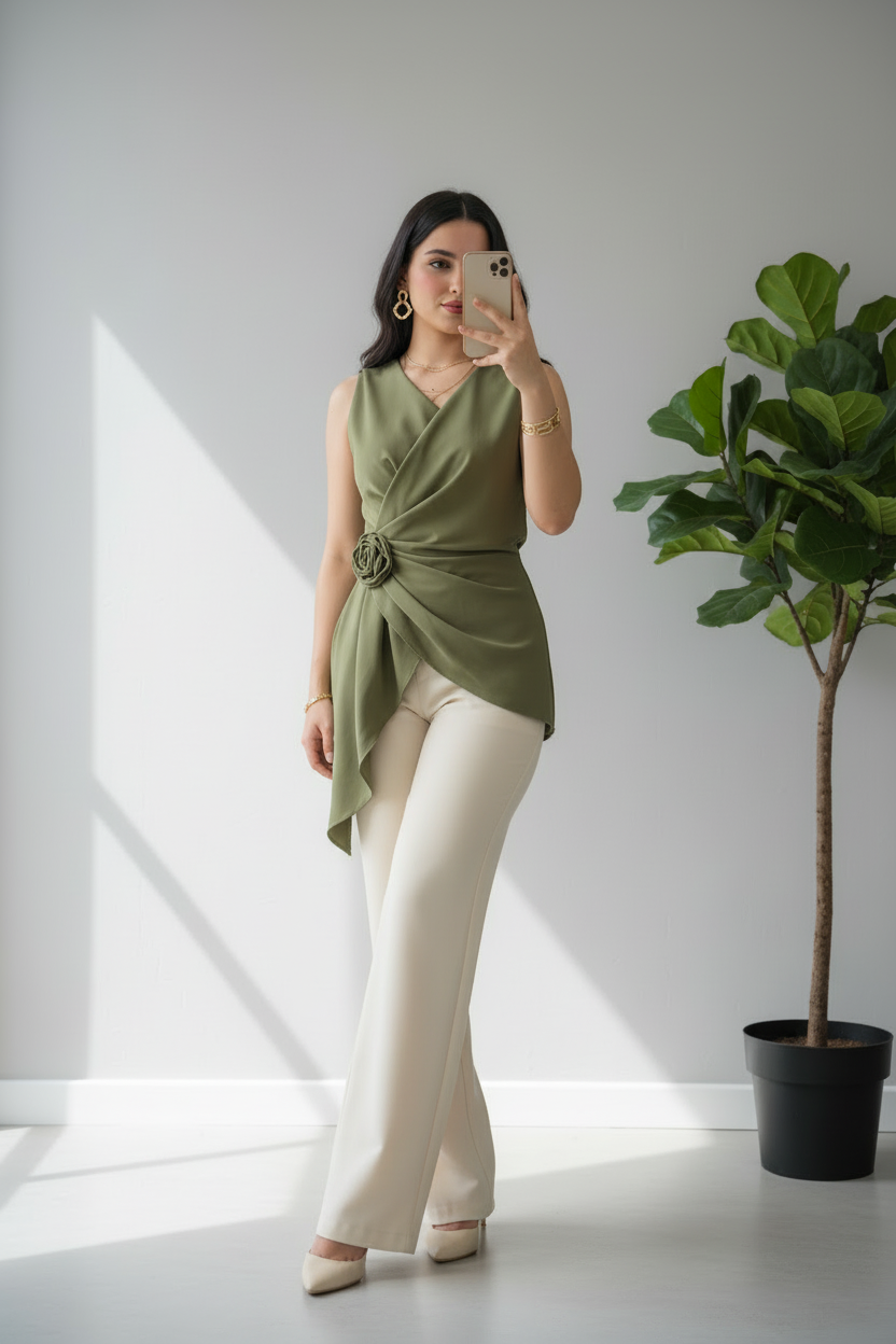 Blusa Verde Oliva Drapeada Asimétrica con Rosa D cod.651