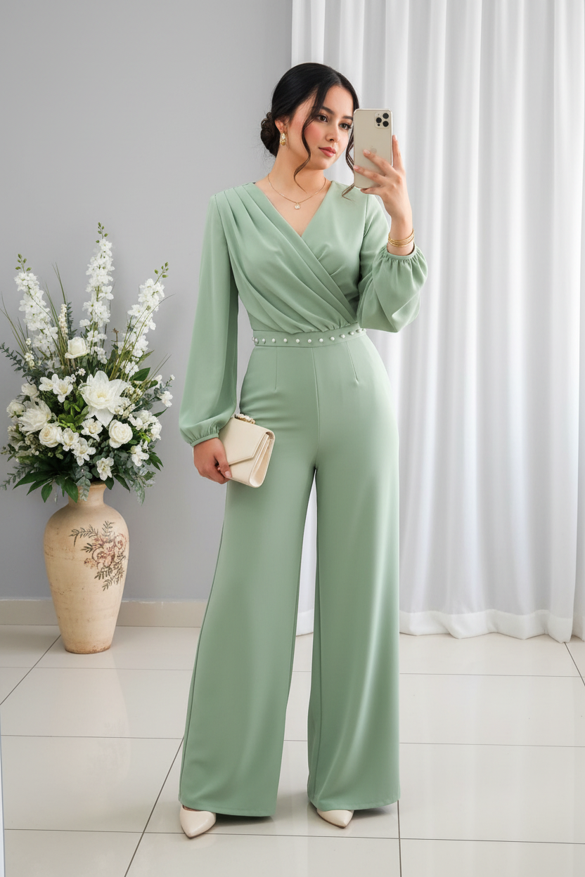 Enterizo Verde Menta Cruzado con Perlas y Manga Globo cod.E547