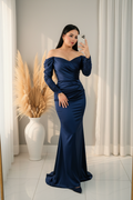 Vestido Azul Marino Satinado Off-Shoulder Manga Fruncida cod.00176