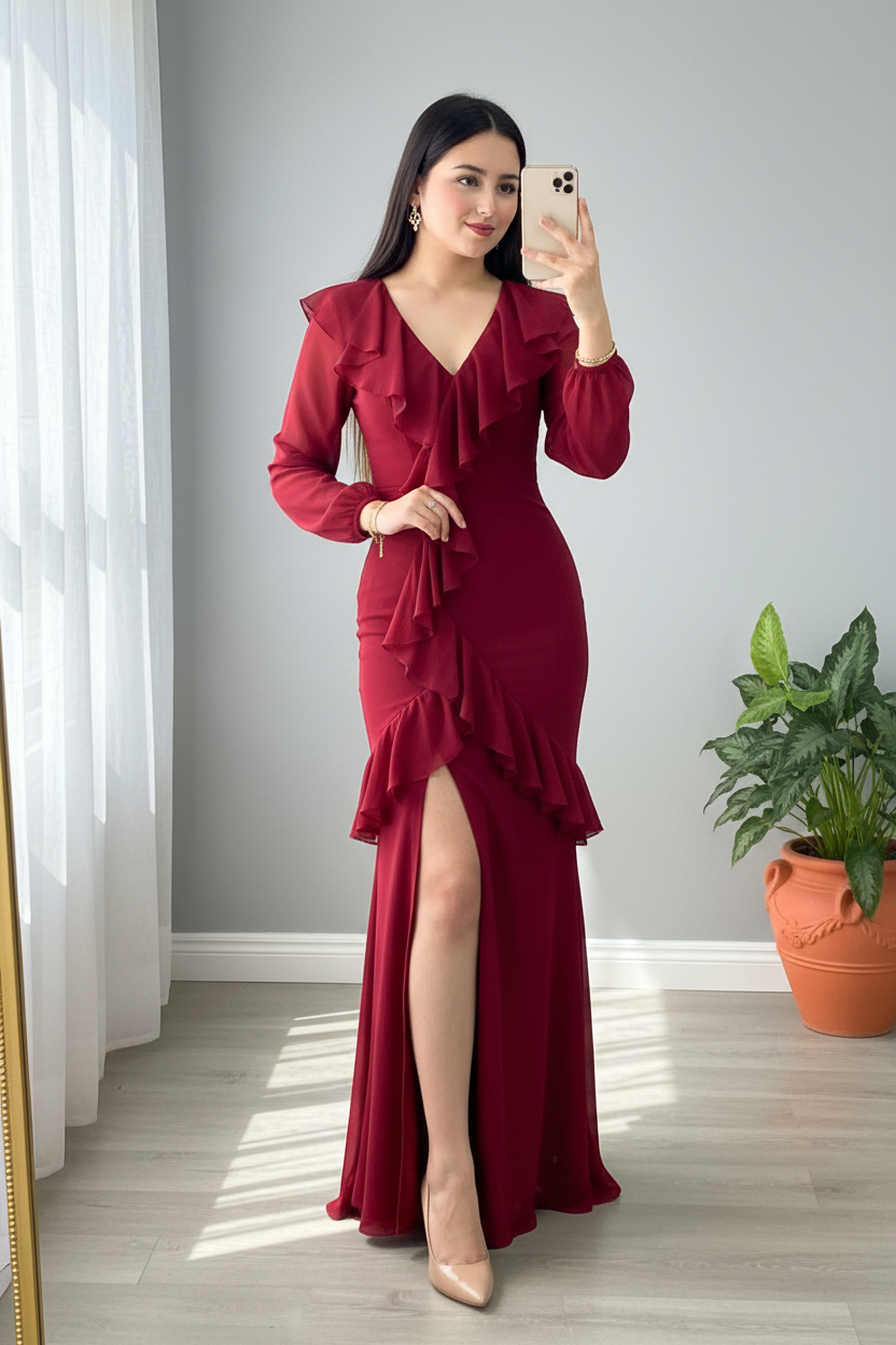 Vestido Vino Manga Larga Sirena con Volantes cod.954