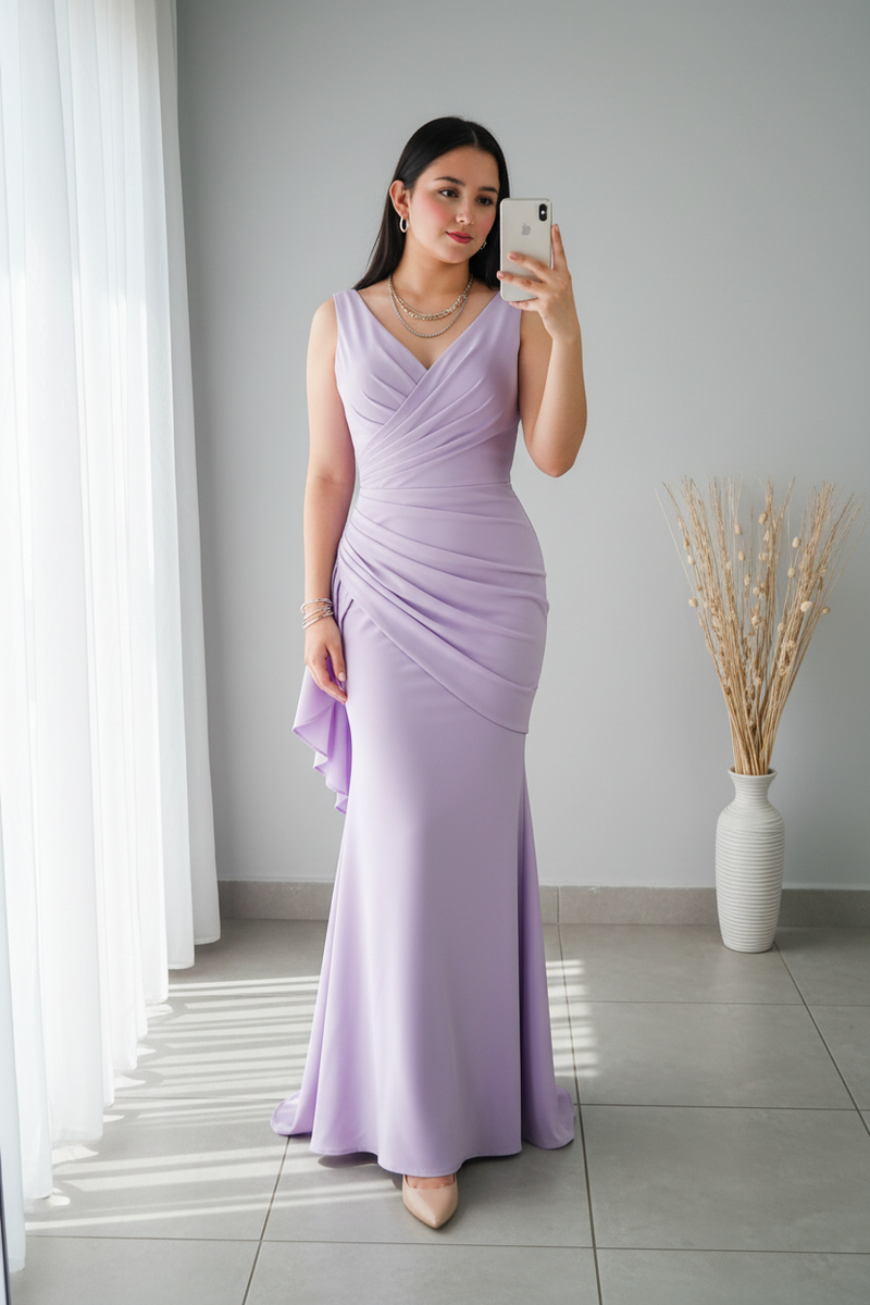 Vestido Lila Sin Mangas Sirena con Escote V y Volante Lateral cod.525