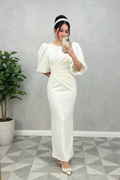 Vestido Blanco Largo Cuello Redondo Manga Puff con Perlas y Sirena cod.481