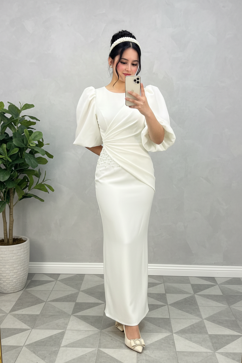 Vestido Blanco Largo Cuello Redondo Manga Puff con Perlas y Sirena cod.481