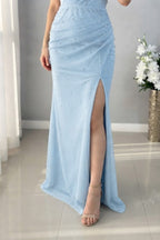 Vestido Azul Cielo Perlas Rosa | VC-006