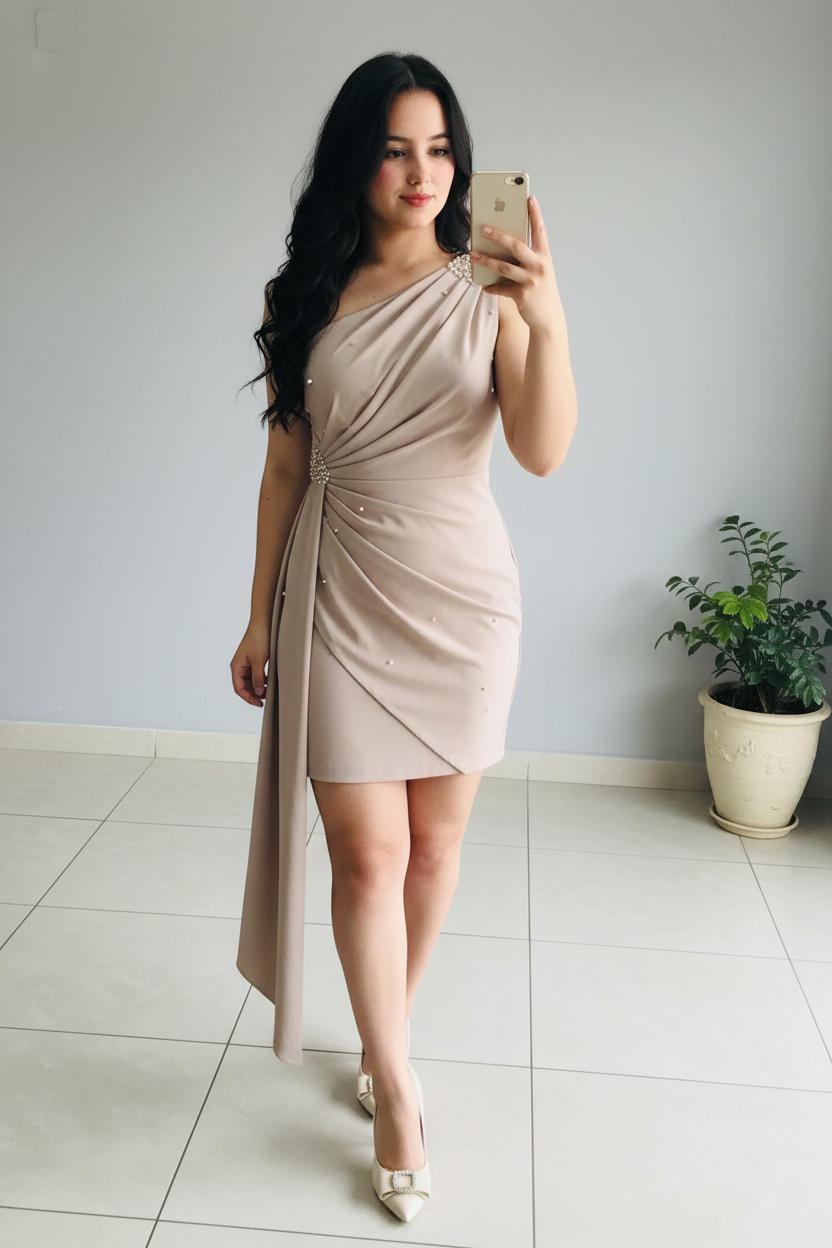 Vestido Nude Mini Un Hombro con Broche de Perlas, Drapeado y Cola de Chifón cod.485