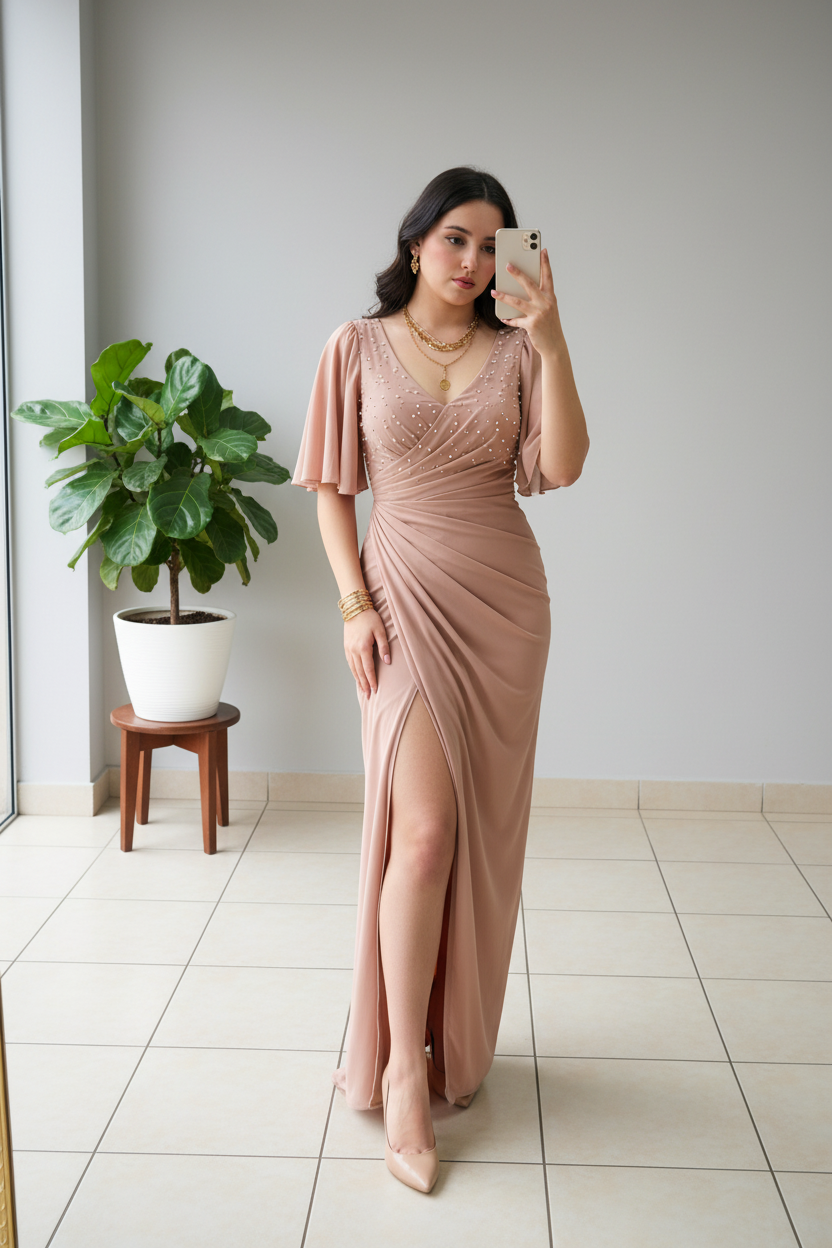 Vestido Nude Pink  con Perlas, Mangas Mariposa y Abertura Lateral cod.369