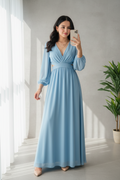 Vestido Sky Blue – Gown Azul Cielo Manga Larga Escote V con Abertura en Cintura cod.685