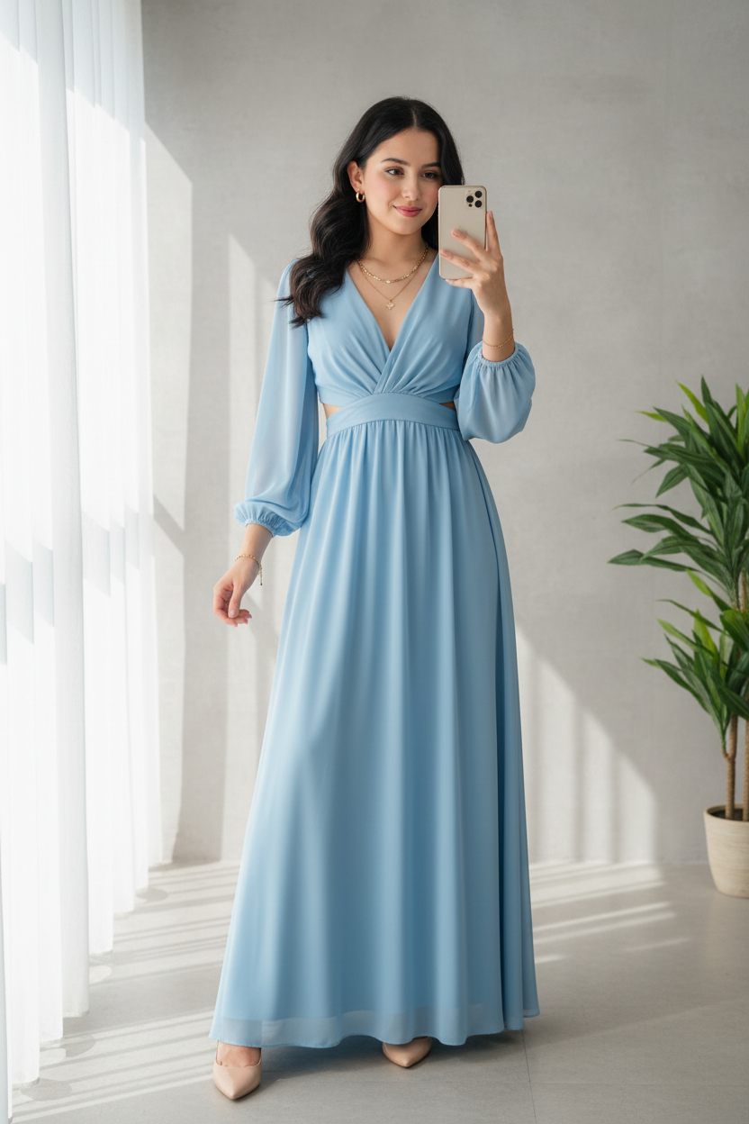 Vestido Sky Blue – Gown Azul Cielo Manga Larga Escote V con Abertura en Cintura cod.685