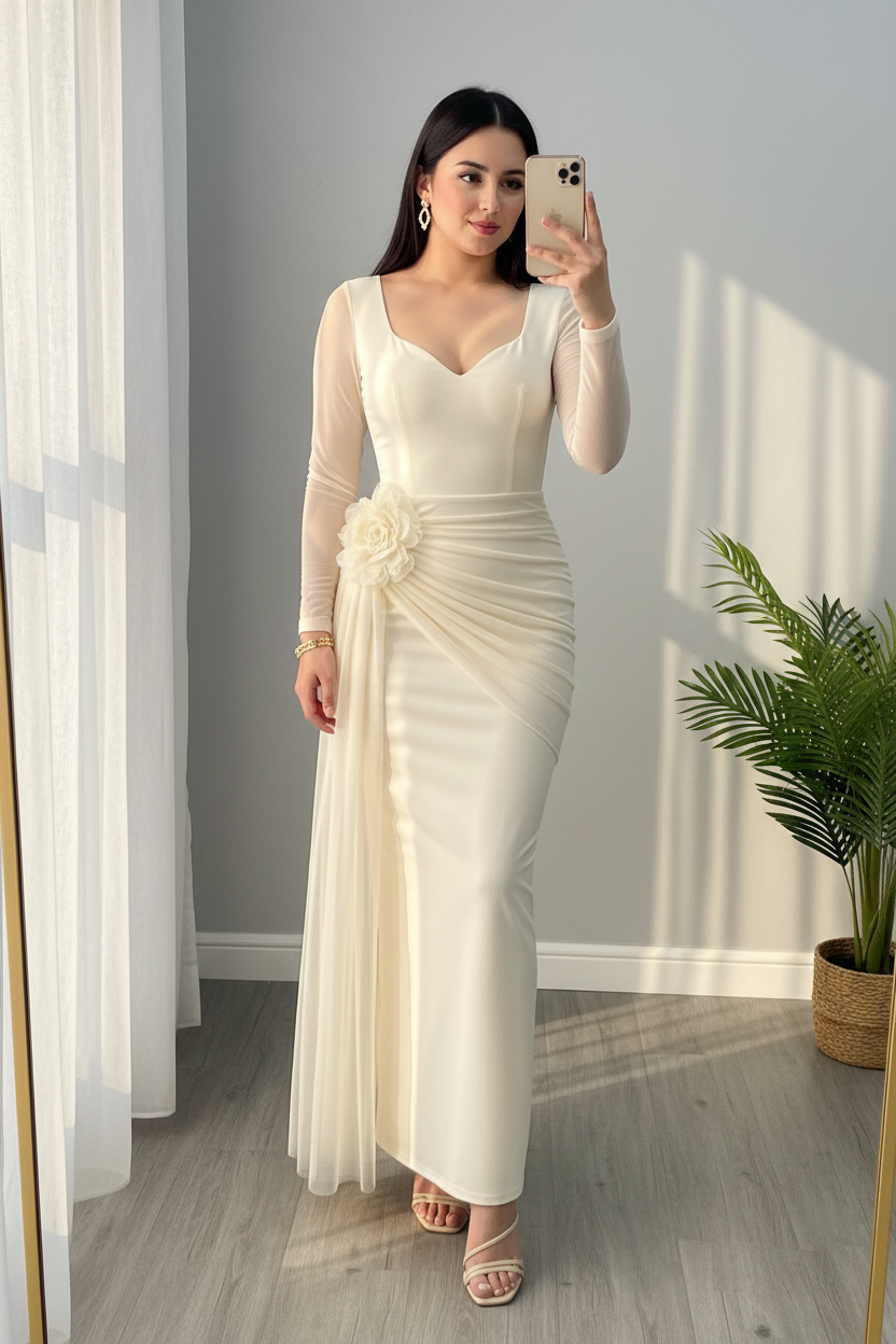 Vestido Largo Blanco Crema Flor 3D Manga Tul cod.V715