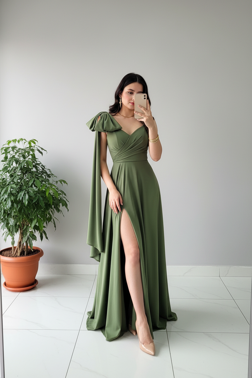 Vestido Largo Verde Oliva con Chal Integrado y Abertura Lateral cod.402