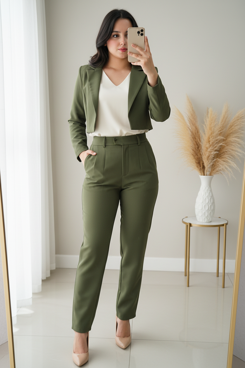 Conjunto Verde Olivo Blazer Crop Pantalón Pinzas Tiro Alto cod.00114