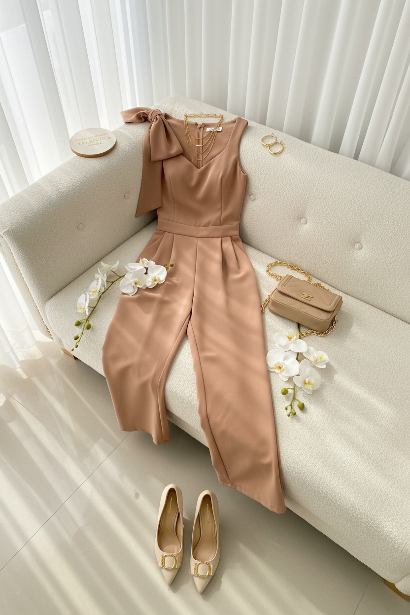 Conjunto Elegante Nude: Top con Moño en Hombro + Pantalón Pierna Ancha cod.313