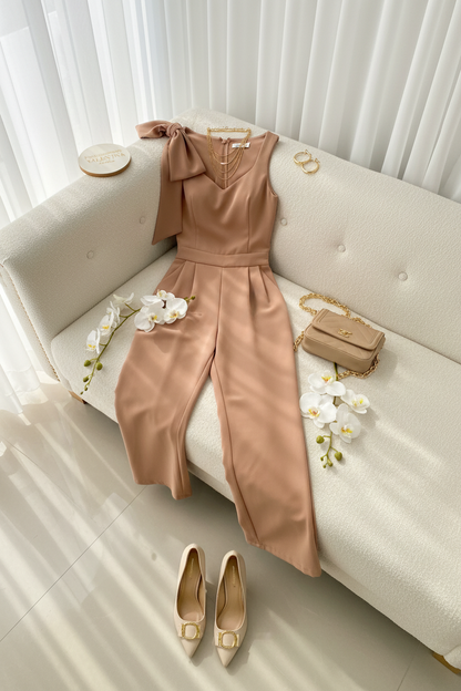 Conjunto Elegante Nude: Top con Moño en Hombro + Pantalón Pierna Ancha cod.313
