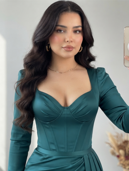 Vestido Sirena Verde Esmeralda con Rosa 3D y Corset