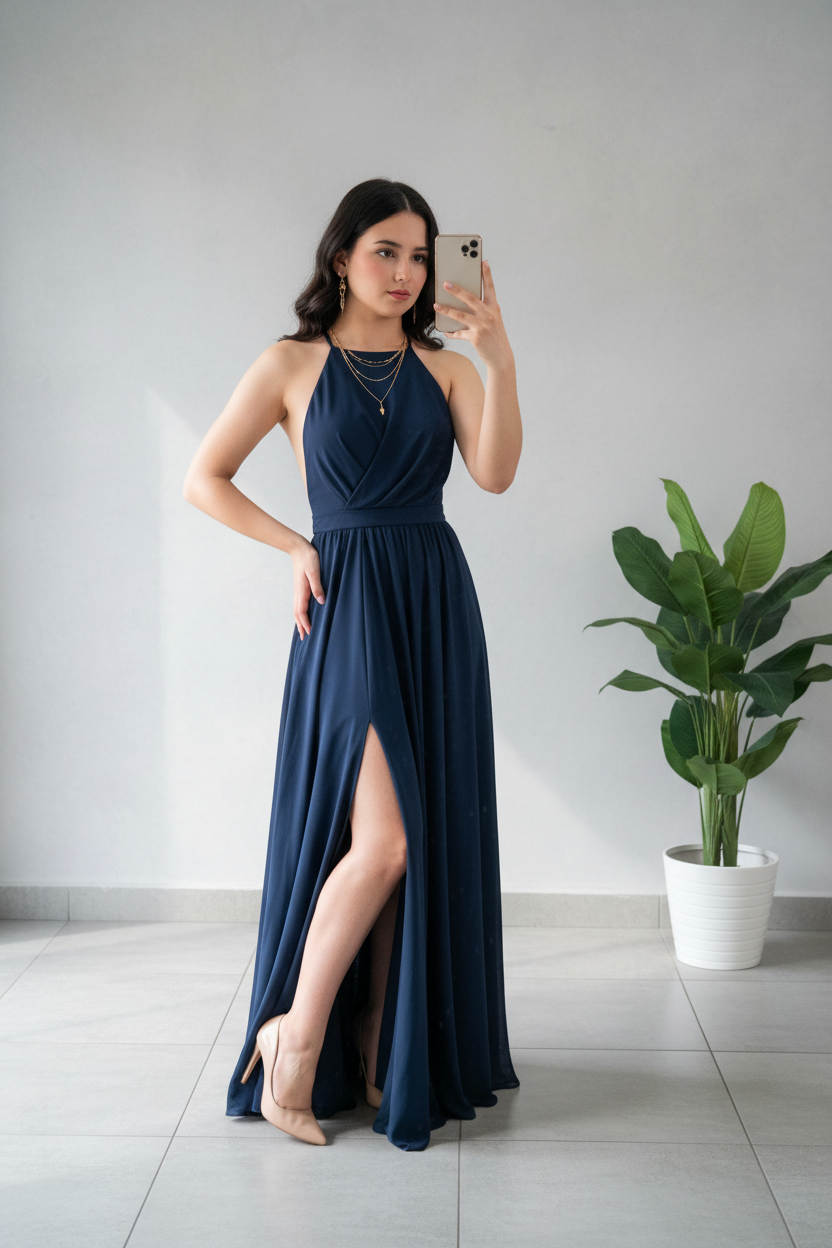 Vestido Largo Azul Marino Halter con Abertura Lateral cod.296