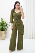 Jumpsuit Verde Oliva Escote V Rosa 3D Capa Drapeada Palazzo cod.C295