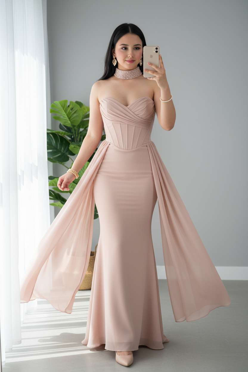 Vestido Nude Champagne Strapless Corset Capa Chiffon Sirena cod.V697
