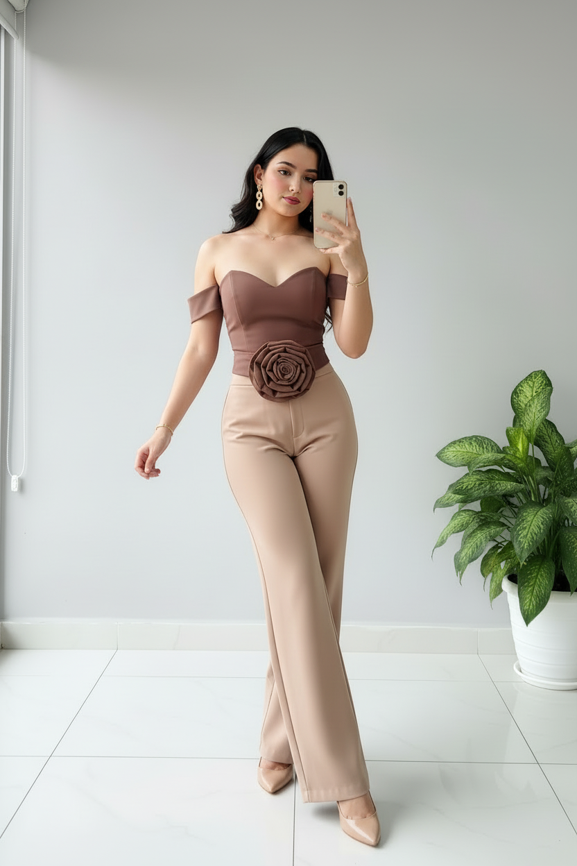 Conjunto Rose Bardot – Top Off Shoulder Corazón & Pantalón Beige cod.668
