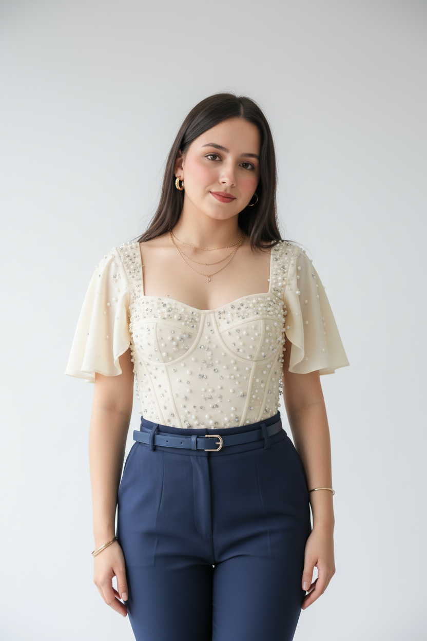 Blusa Beige con Lentejuelas y Mangas Mariposa - Elegante y Romántica cod.301