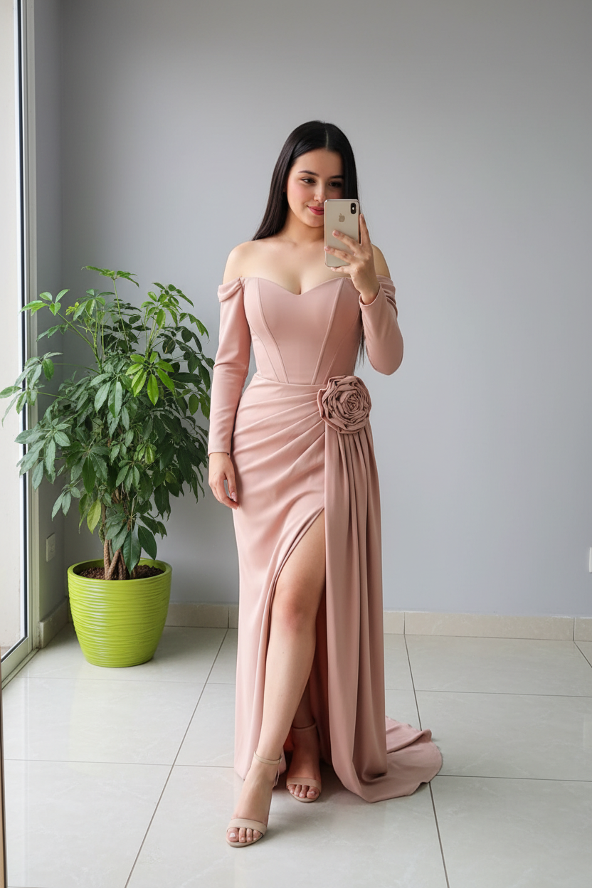 Vestido Blush Off-Shoulder Rose 3D con Drapeado y Abertura cod.623