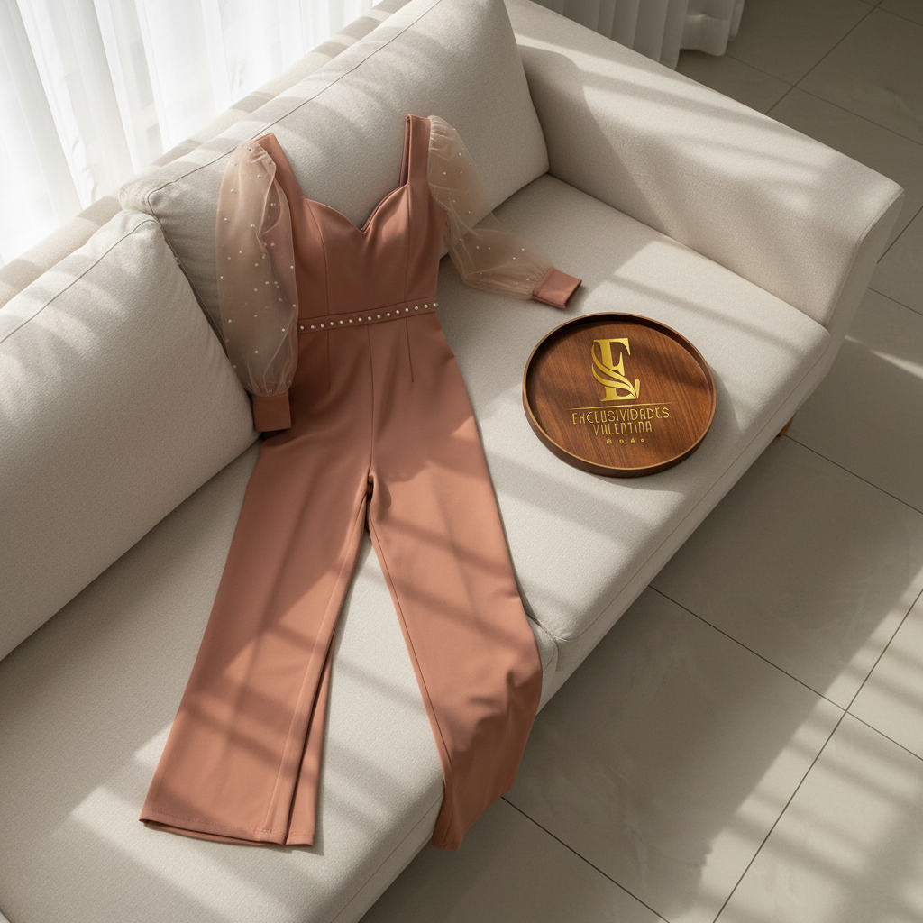 Enterizo Elegante Rosa Salmón con Mangas de Tul y Perlas - Escote Corazón Pierna Ancha cod.358