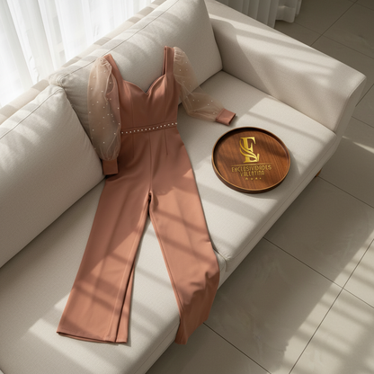 Enterizo Elegante Rosa Salmón con Mangas de Tul y Perlas - Escote Corazón Pierna Ancha cod.358