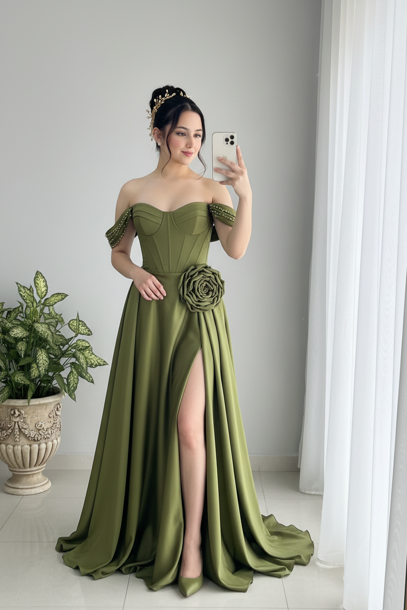 Vestido Verde Oliva Off-Shoulder Corsé Rosa Abertura cod.0021